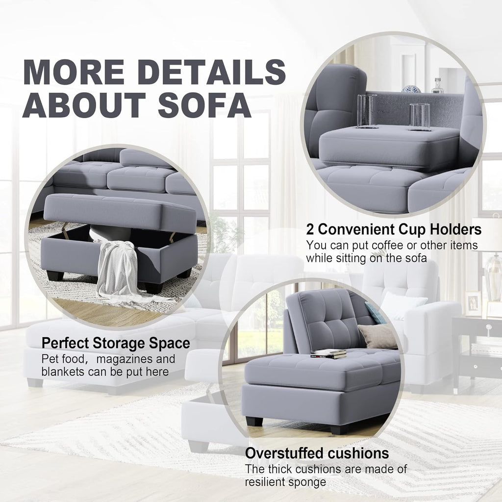 Linen Upholstered L Shaped Sofa Set with Ottoman Storage, Light Gray U482654