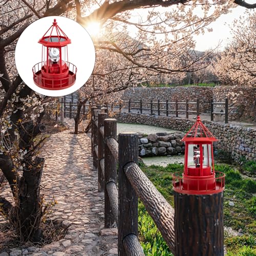 Red Solar Powered Rotating Lighthouse Lamp E95471