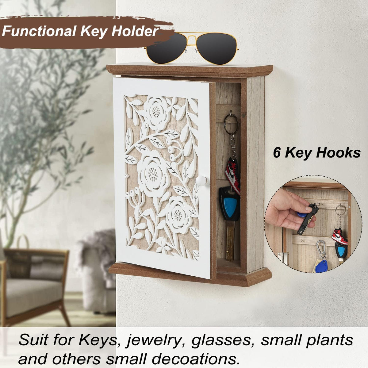 White Wood Key Holder with 6 Key Hook B196