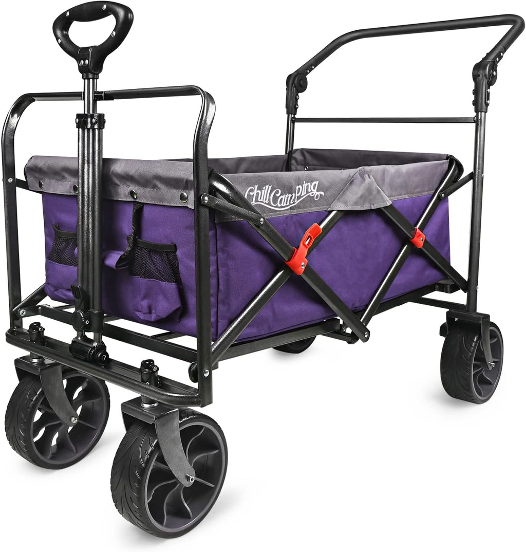 Collapsible Folding Wagon with Adjustable Push Pull Handles, Big Rubber Wheels, Green/Gray J29040