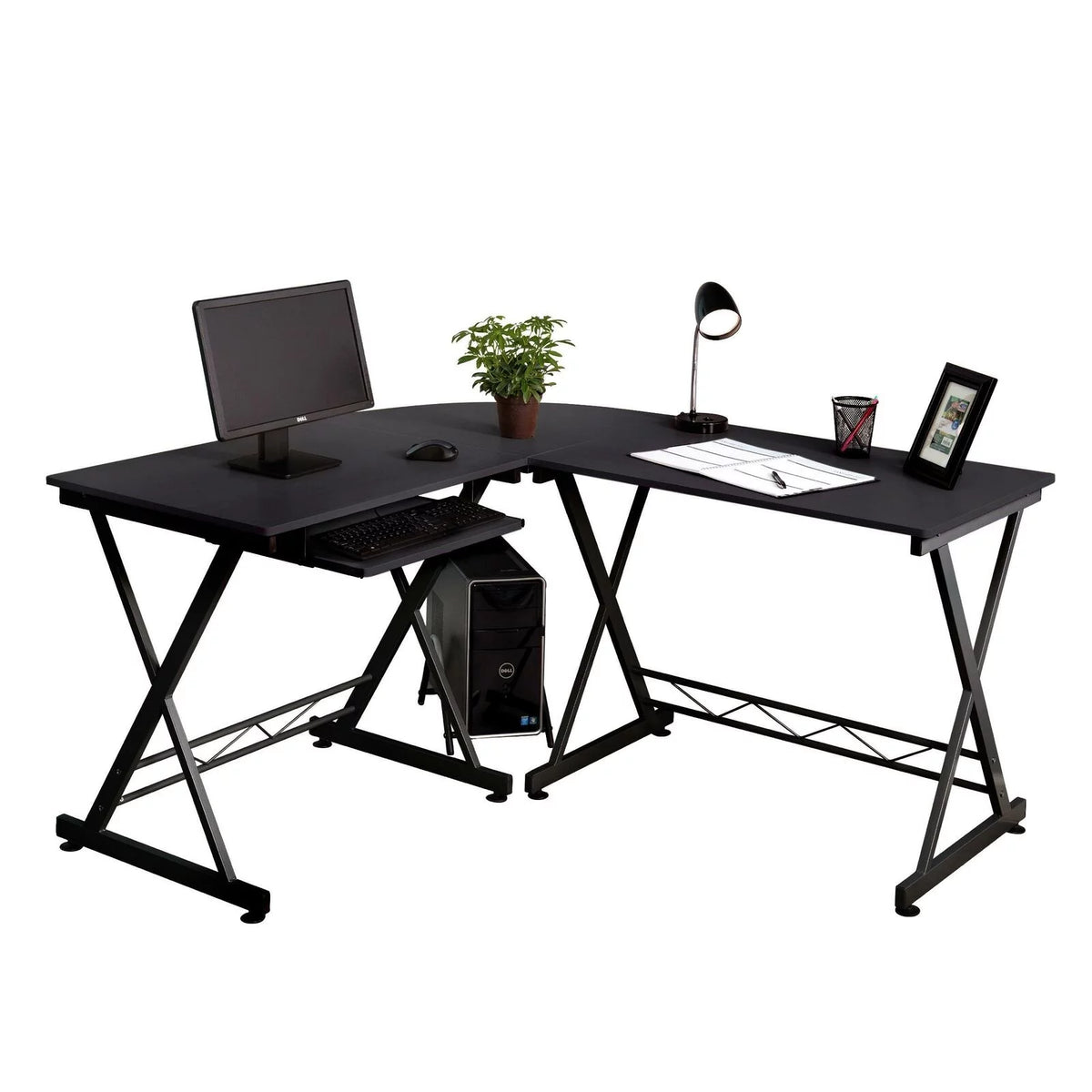 L-Shaped Tempered Glass Computer Desk with Shelf & Keyboard Tray C874