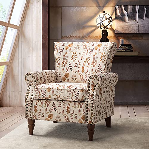 Blue Floral Pattern Upholstered Accent Chair with Wood Legs B36056