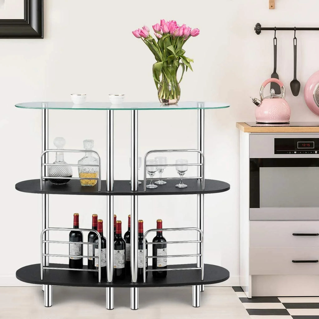 3-Tier Glass Liquor Bar Cabinet with Tempered Glass Counter Top Y75753