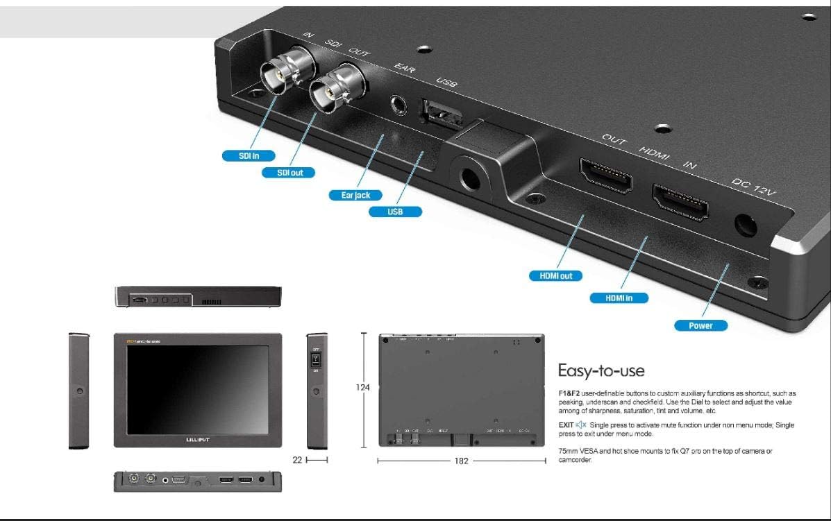 7 Q7 Pro Field Monitor 1920x1200 Metal with HDR 3D-LUT SDI/HDMI Cross Conversion Waveform Peaking Precise Color Calibration Gamma Adjustment + Pisen LP-E6 Battery P2623