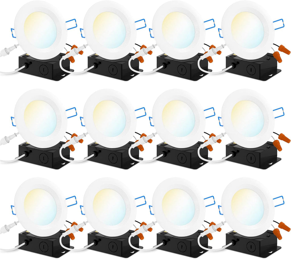 12 Pack 4 Inch Ultra Thin LED Recessed Ceiling Lights Slim, Selectable Color Temperature, Dimmable 10W=60W, 650 LM, Baffle Trim, Canless Wafer Thin with Junction Box A4907