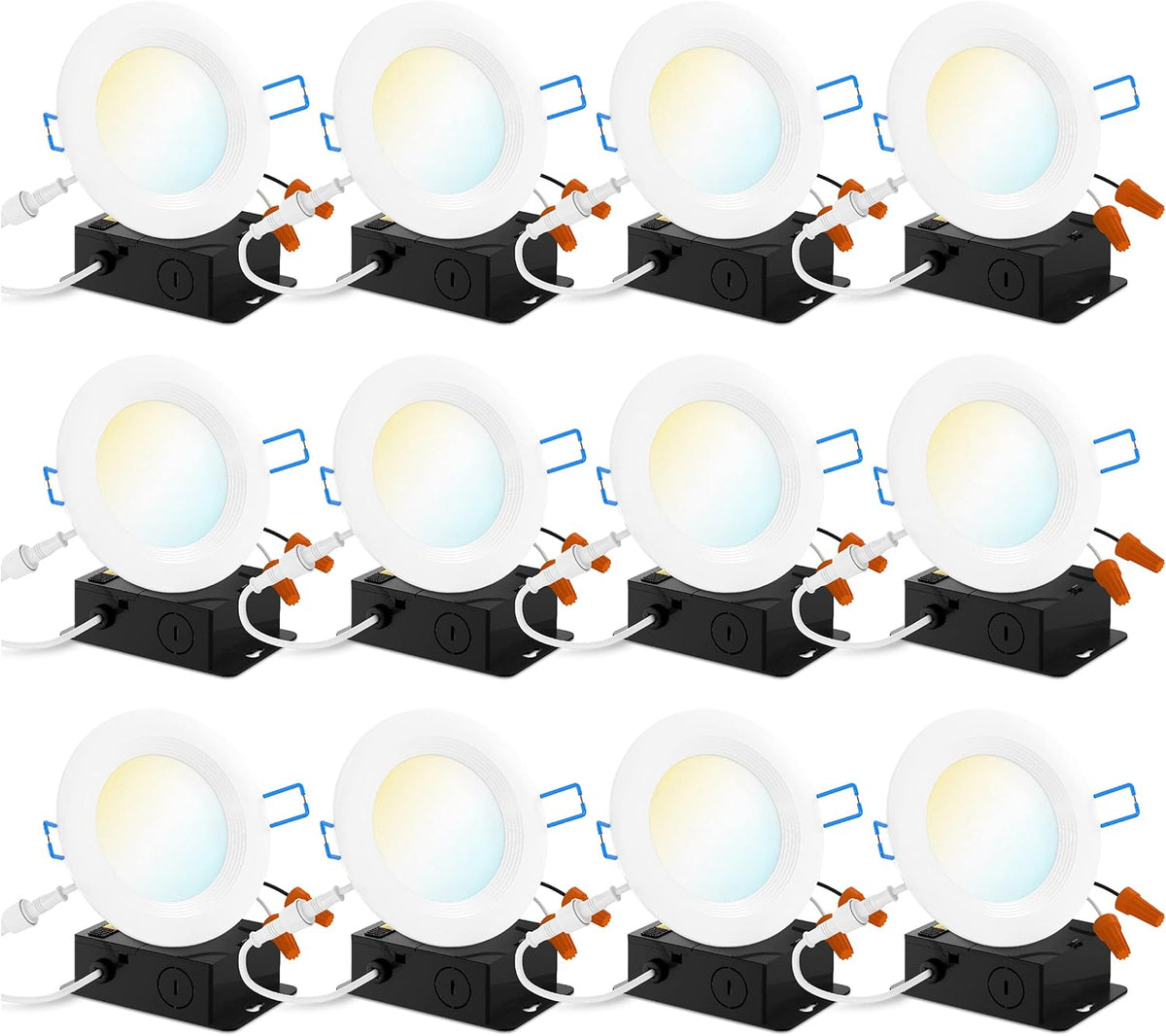 12 Pack 4 Inch Ultra Thin LED Recessed Ceiling Lights Slim, Selectable Color Temperature, Dimmable 10W=60W, 650 LM, Baffle Trim, Canless Wafer Thin with Junction Box A4907