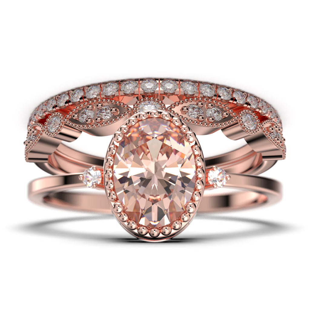 2.35 Carat Oval Cut Morganite And Diamond Moissanite Engagement Ring In 925 Sterling Silver With 18k Rose Gold Plating K965