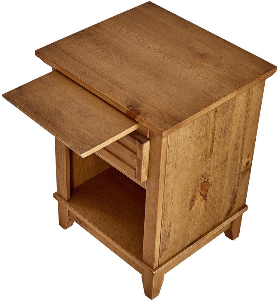 Teak Finish Wood Nightstand with Drawer and Pull-Out Tray S1828