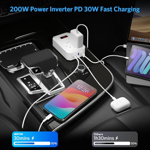 200W Car Power Inverter DC 12V to 110V AC Converter with 2 USB-C and 2 USB-QC LCD Screen Dual AC Adapter B630192