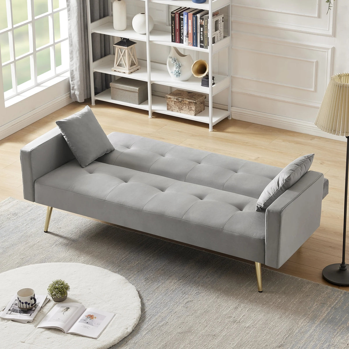 Cream White Velvet Convertible Futon Sofa Bed O32763