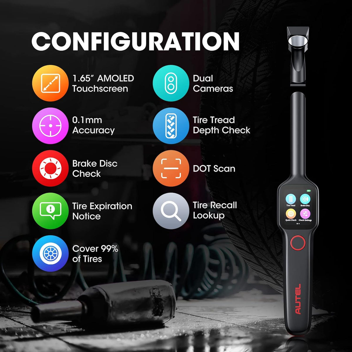 Tire Tread Depth Scan Tool Brake Disc Wear Scanner with 1.65” AMOLED Touchscreen Dual Cameras DOT Scan M6477