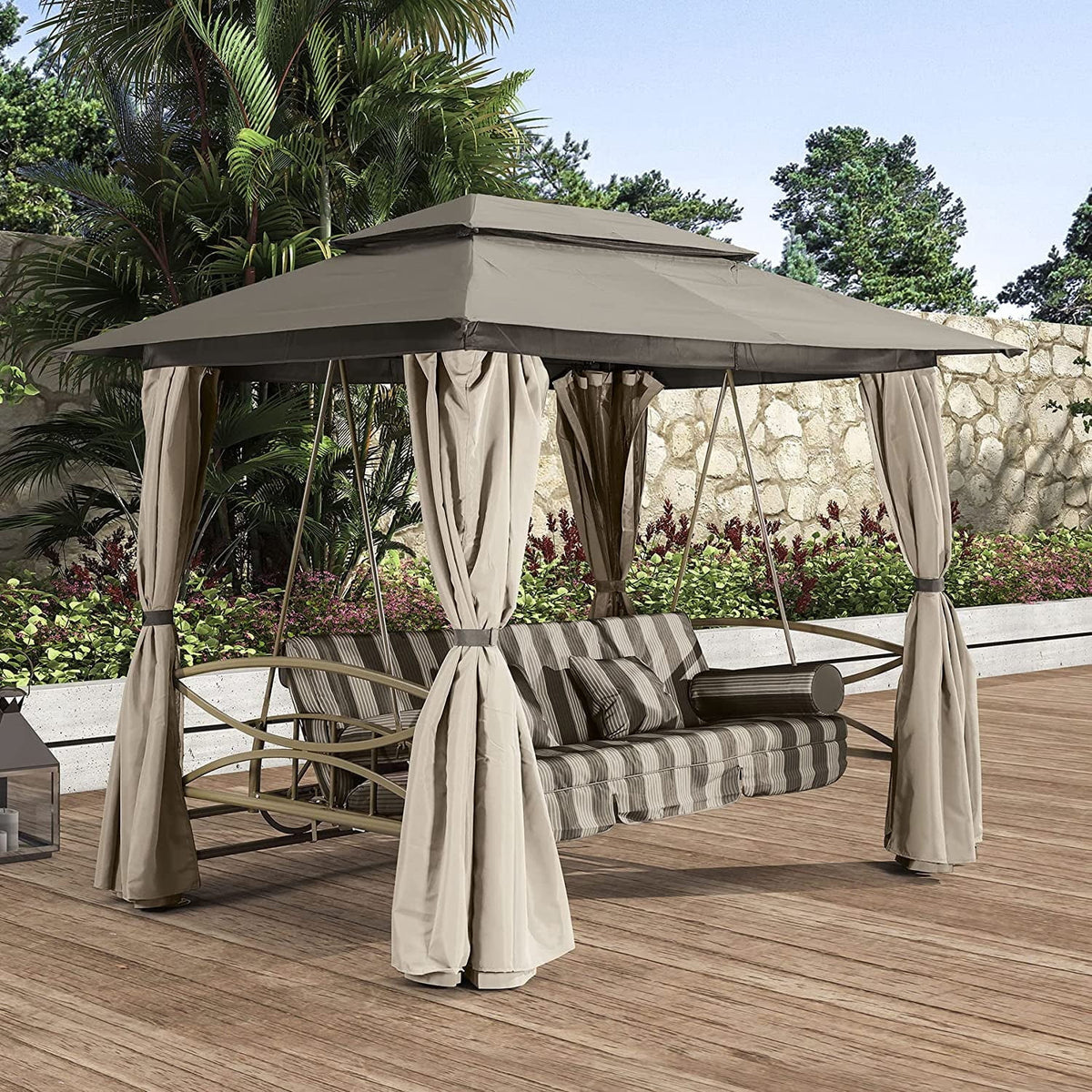 3 Person Double Top Outdoor Patio Gazebo Swing with Netting & Curtain M339
