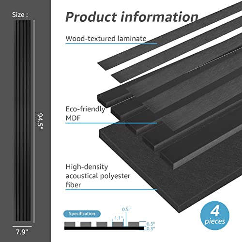 4-Piece Wood Slat Acoustic Panels, Matte Black L516526