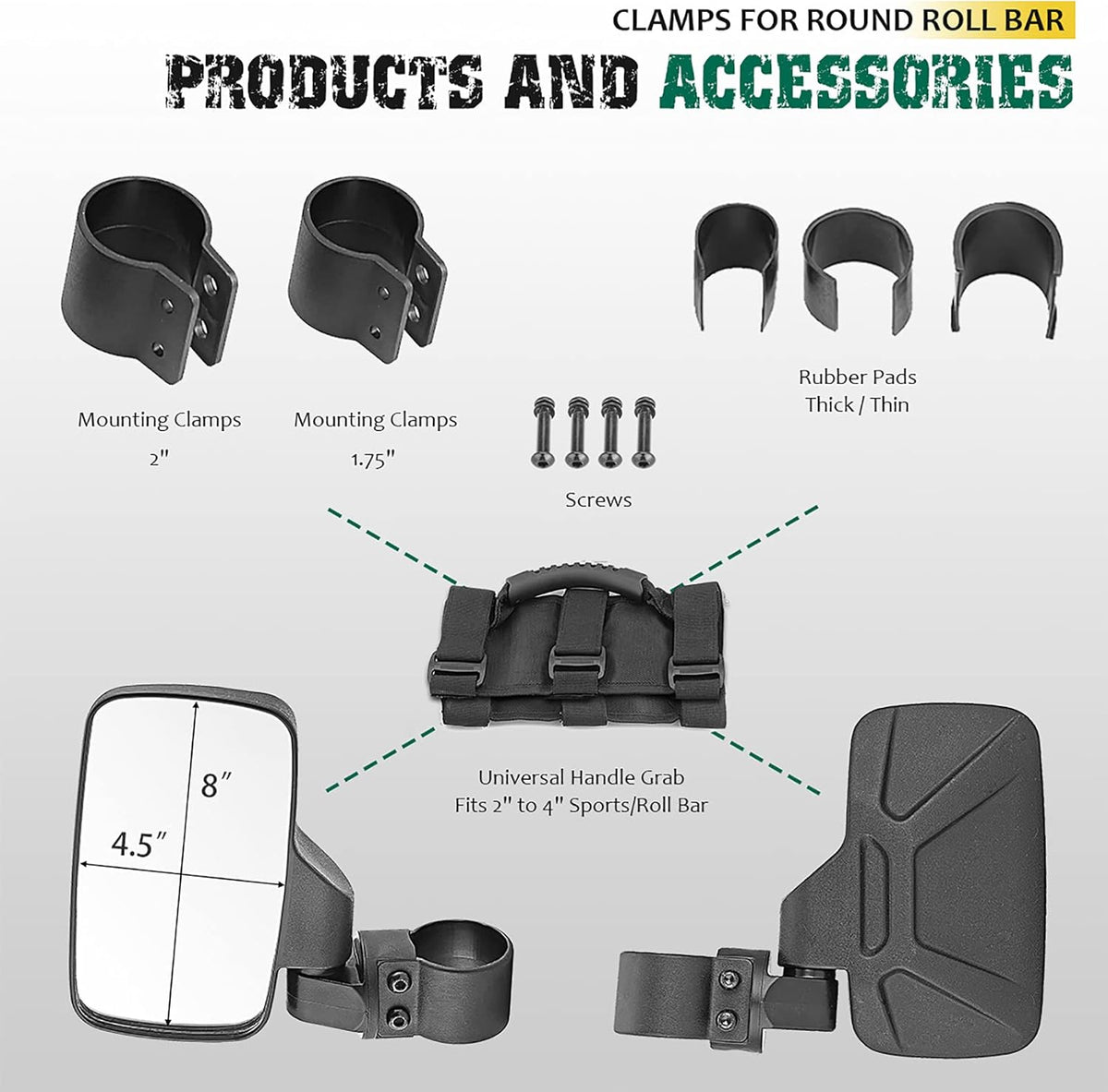 UTV Centre View & Side View Mirror for 1.5''-2'' Roll Cage Bar w/ Pair Grab Handle Set L57784