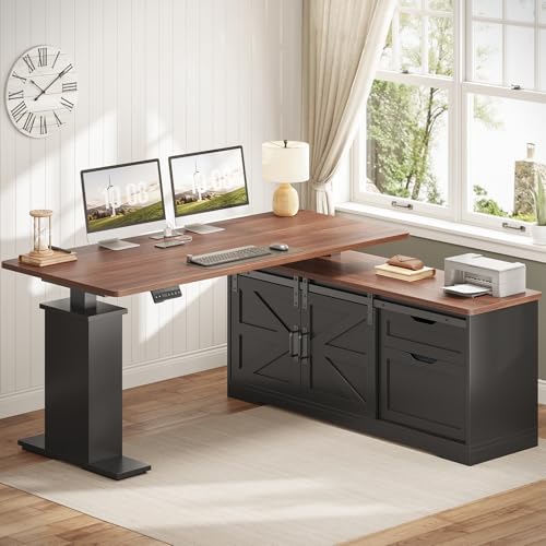 Black L Shaped Standing Desk with Storage Drawers and Power Outlets U916756
