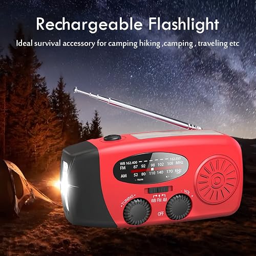 Portable Self-Powered AM/FM/NOAA Weather Radio with Solar & Hand-Crank Charging, LED Flashlight, USB Rechargeable, 2000mAh Power Bank E31274