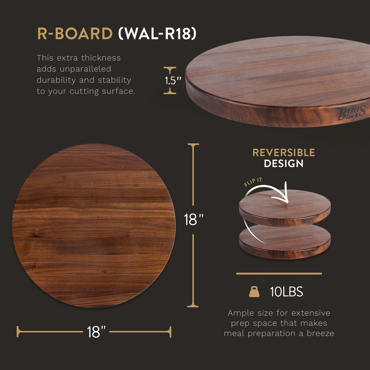 Walnut Wood Round Cutting Board, 18" x 18" x 1.5" D901797