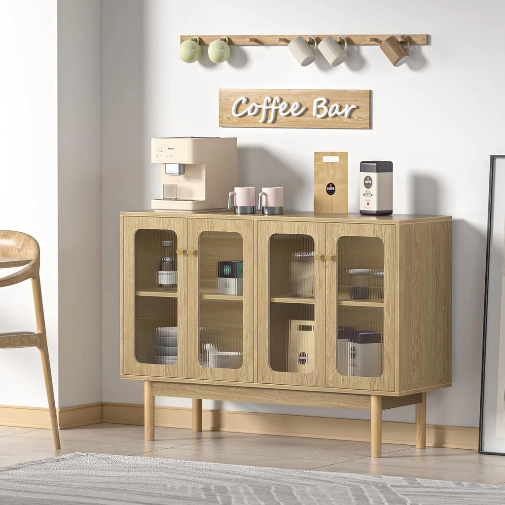 4 Door Wood Buffet Cabinet with Glass Door and Adjustable Shelves M59437