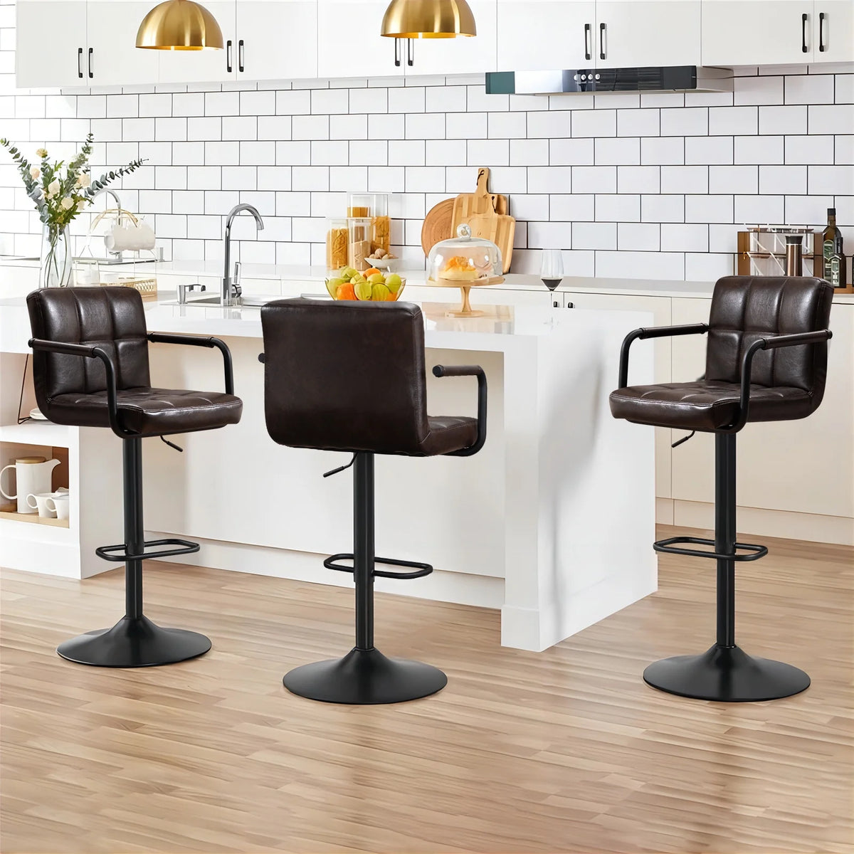 Faux Leather Swivel Bar Stools Set of 2 Adjustable Height U54809