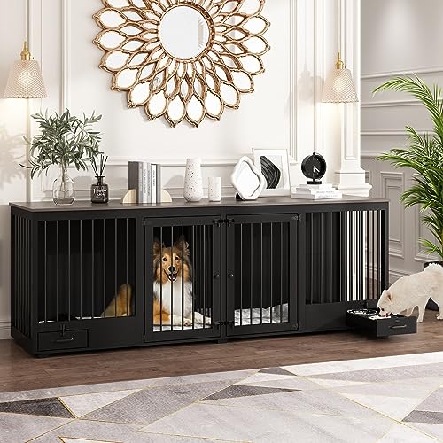 Black Heavy Duty Wooden Dog Crate with Dog Bowl Drawers & Divider X8078