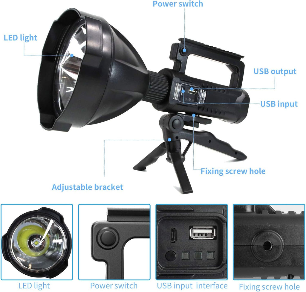Rechargeable LED Spotlight Flashlights 90000 Lumens XHP90.2 Super Bright Searchlight with 4 Modes IPX5 Waterproof Large Flashlight with Tripod B21397