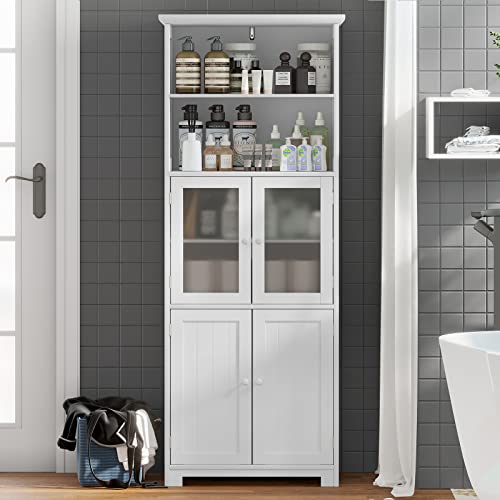 White Tall Bathroom Storage Cabinet with 2 Open Compartments and 2 Cabinets with Doors G743850
