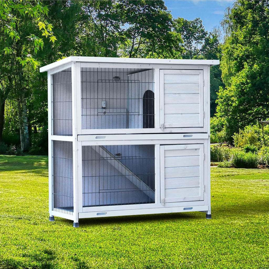 White 2-Story Large Rabbit Hutch with 2 Removable No-Leak Trays M96958