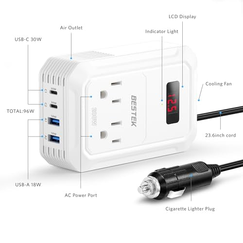 200W Car Power Inverter DC 12V to 110V AC Converter with 2 USB-C and 2 USB-QC LCD Screen Dual AC Adapter B630192