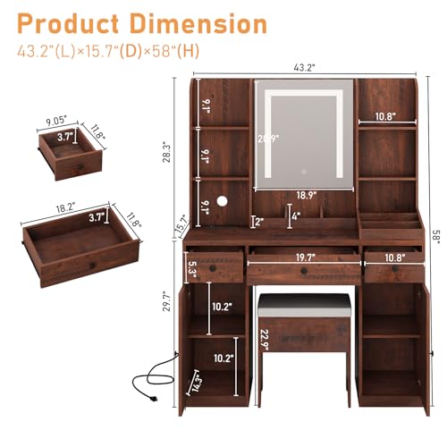 43" White Vanity Desk with Outlet, Stool, Mirror, Lights, 11 Shelves, 3 Drawers, 2 Cabinets C458