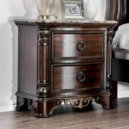 Brown Traditional Wood Carved Marble Nightstand R534