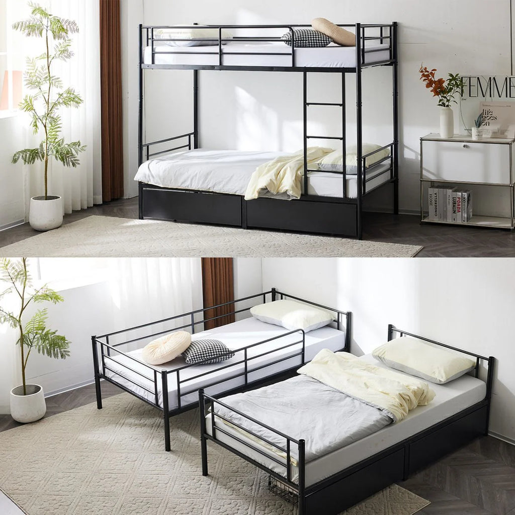 Black Twin Over Twin Iron Convertible Bunk Bed with 2 Storage Drawers B5482