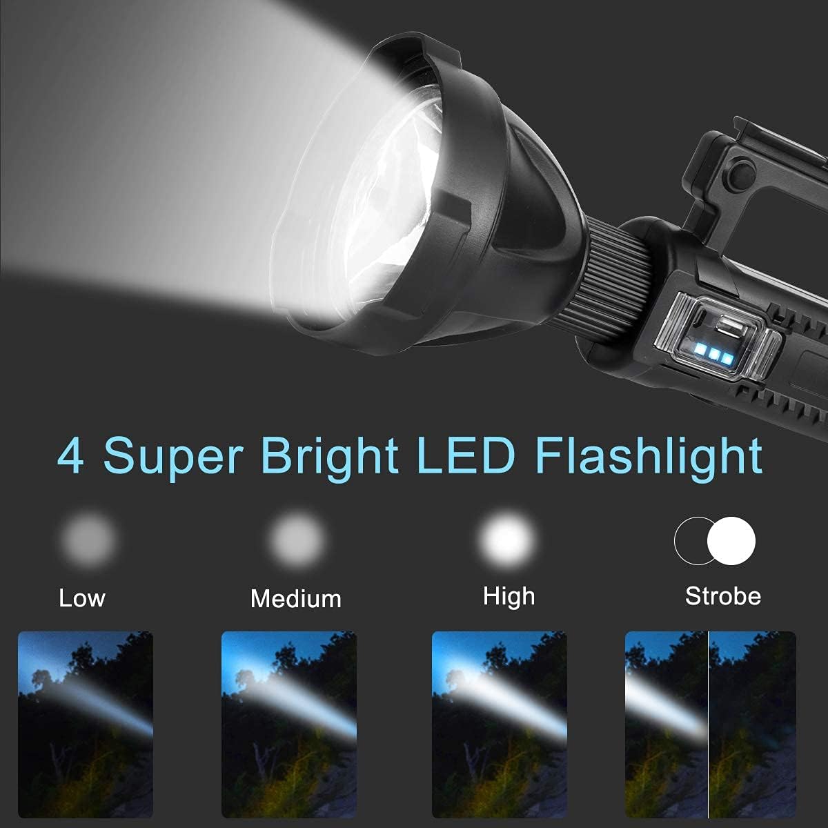 Rechargeable LED Spotlight Flashlights 90000 Lumens XHP90.2 Super Bright Searchlight with 4 Modes IPX5 Waterproof Large Flashlight with Tripod B21397