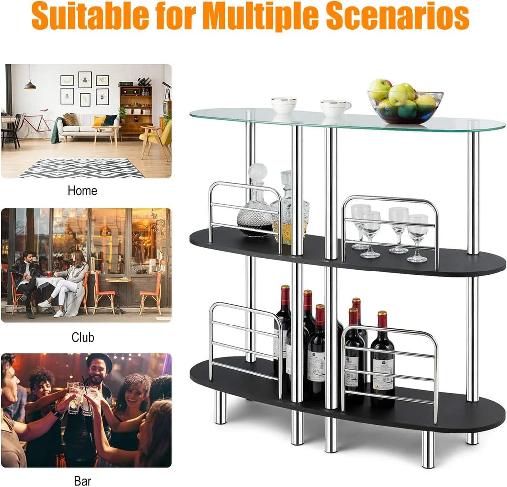3-Tier Glass Liquor Bar Cabinet with Tempered Glass Counter Top Y75753
