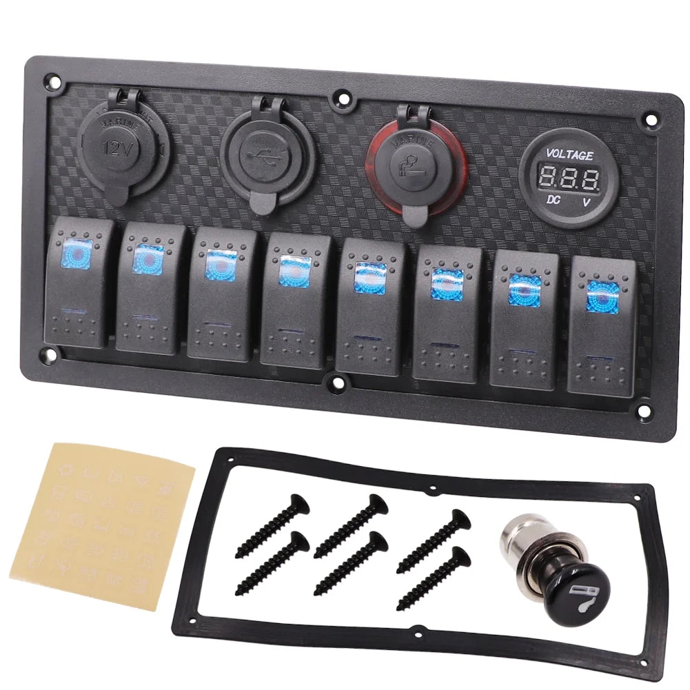8 Gang Blue Backlit 12V Pre-wired Switch Panel with Dual USB Charger Digital Voltmeter Cigarette Lighter R905350