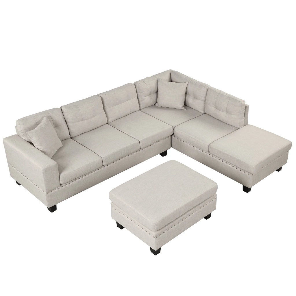 Light Gray Sectional Sofa with Storage Ottoman and Cup Holder O628309