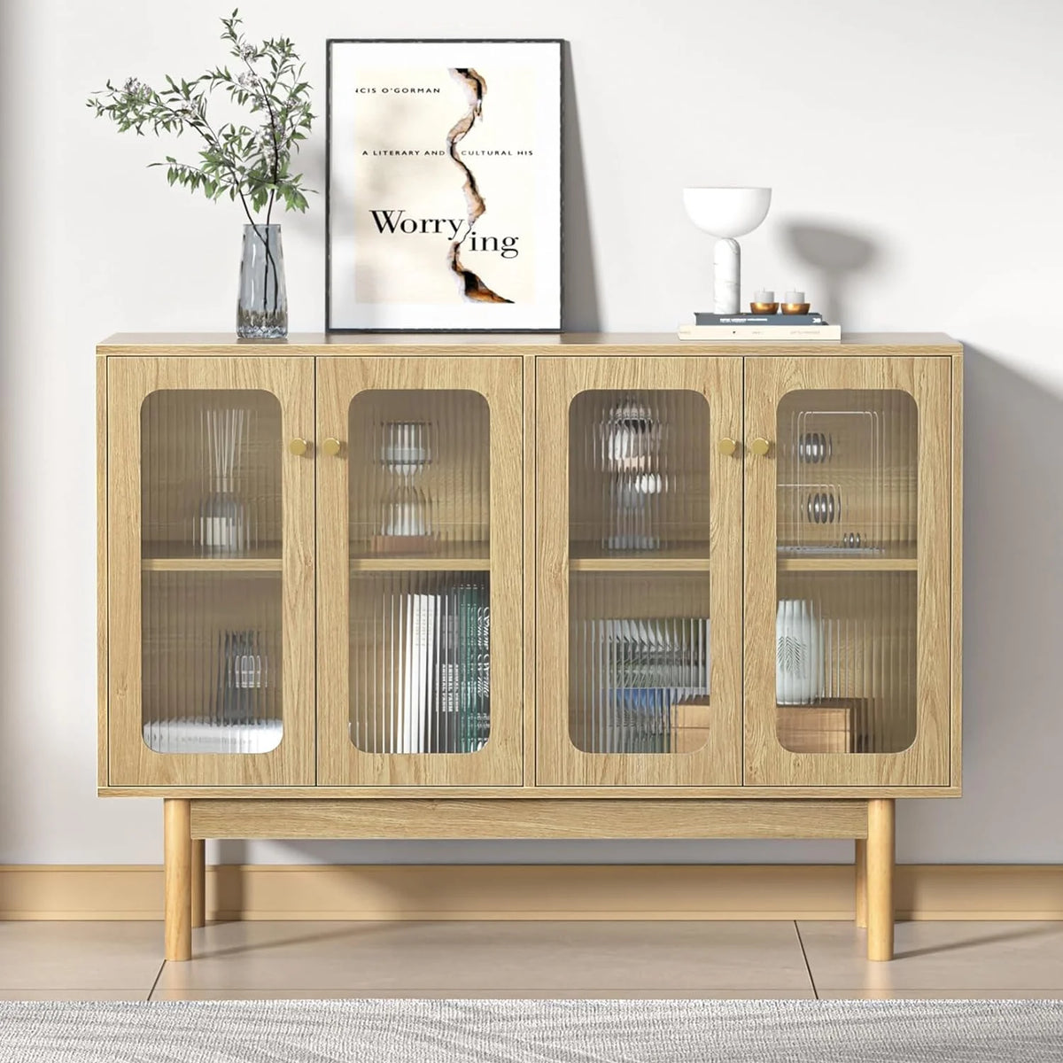 4 Door Wood Buffet Cabinet with Glass Door and Adjustable Shelves M59437
