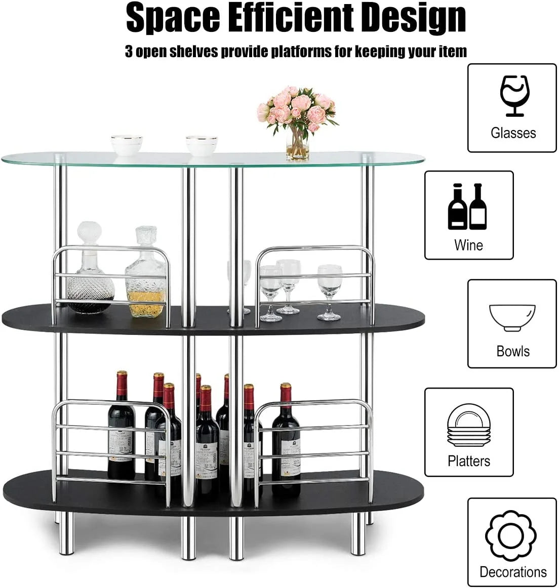 3-Tier Glass Liquor Bar Cabinet with Tempered Glass Counter Top Y75753