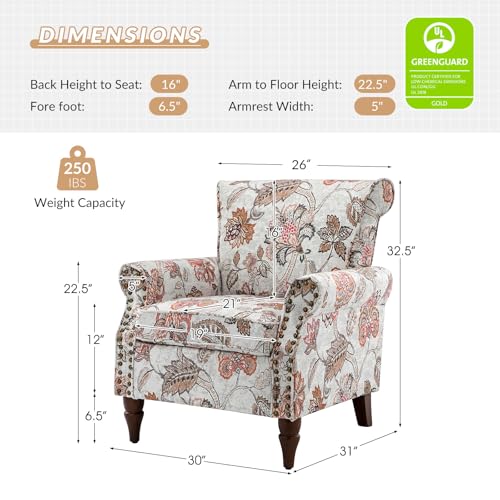 Blue Floral Pattern Upholstered Accent Chair with Wood Legs B36056