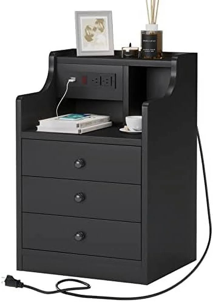 Black 3 Drawer Wood Nightstand with Charging Station L887825