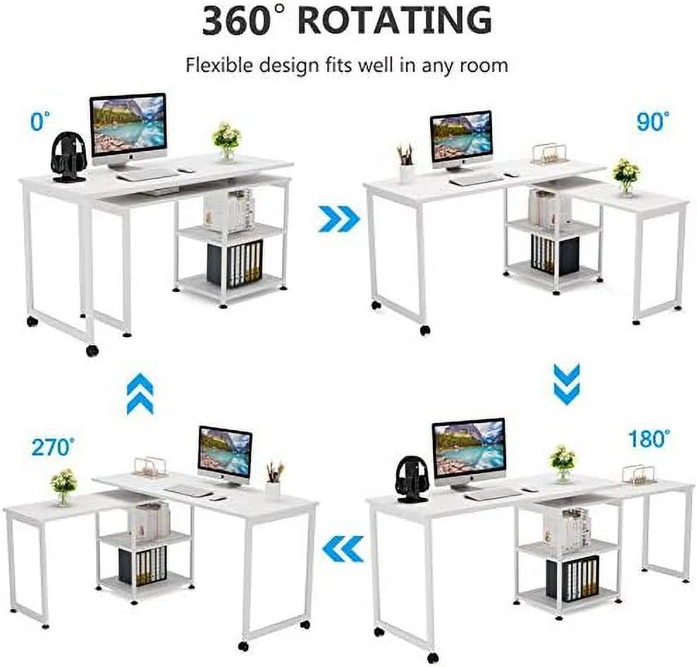 L-Shaped Desk 55 inch Reversible Corner Computer Desk with Shelves White A71229
