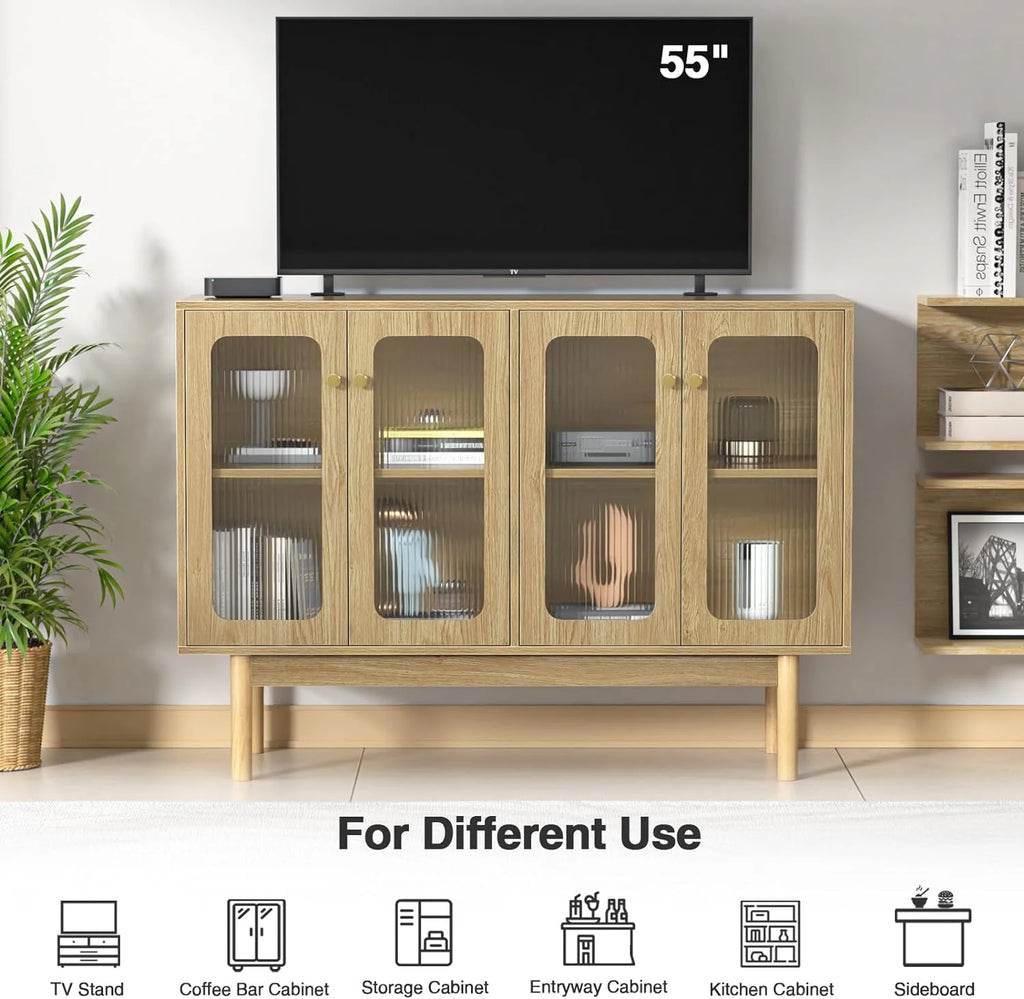4 Door Wood Buffet Cabinet with Glass Door and Adjustable Shelves M59437