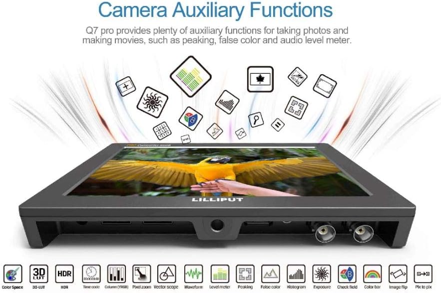 7 Q7 Pro Field Monitor 1920x1200 Metal with HDR 3D-LUT SDI/HDMI Cross Conversion Waveform Peaking Precise Color Calibration Gamma Adjustment + Pisen LP-E6 Battery P2623