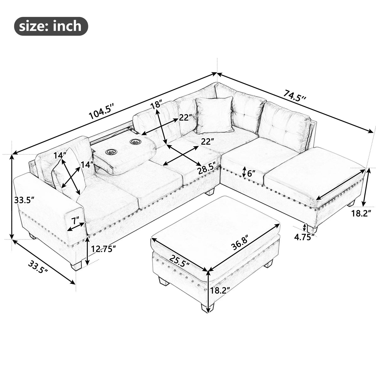 Light Gray Sectional Sofa with Storage Ottoman and Cup Holder O628309