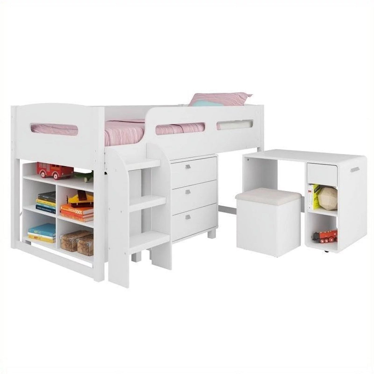 White 5pc Engineered Wood Loft Bed Set with Desk G523