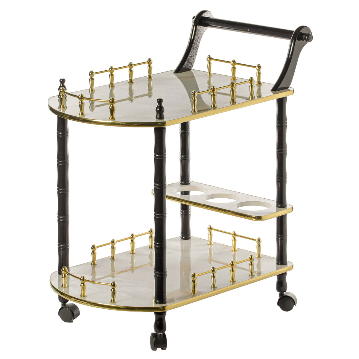 Gold Black and White Wood Serving Bar Cart with 2 Tier Shelves and Rolling Wheels V9297