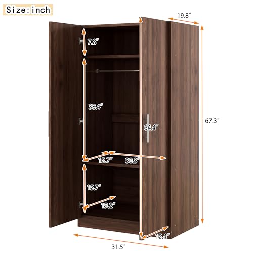 Brown Wooden Armoire Closet with 3-Shelves and Hanging Rail H7871