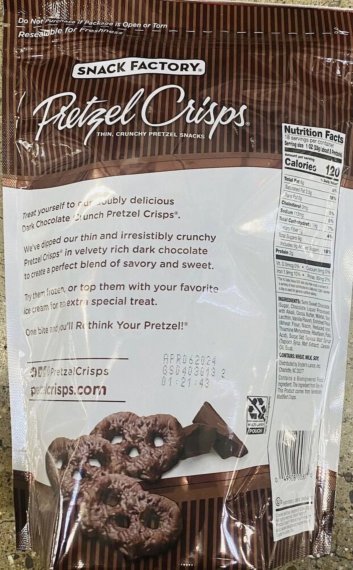 Dark Chocolate Crunch Pretzel Crisps 18 oz Bag Z40672