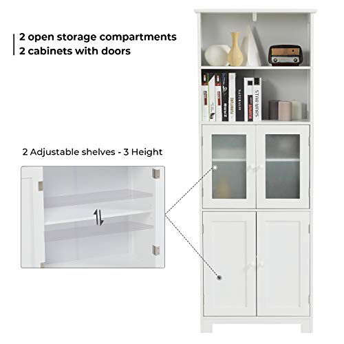 White Tall Bathroom Storage Cabinet with 2 Open Compartments and 2 Cabinets with Doors G743850