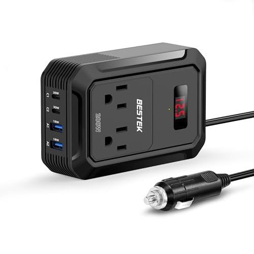 200W Car Power Inverter DC 12V to 110V AC Converter with 2 USB-C and 2 USB-QC LCD Screen Dual AC Adapter B630192