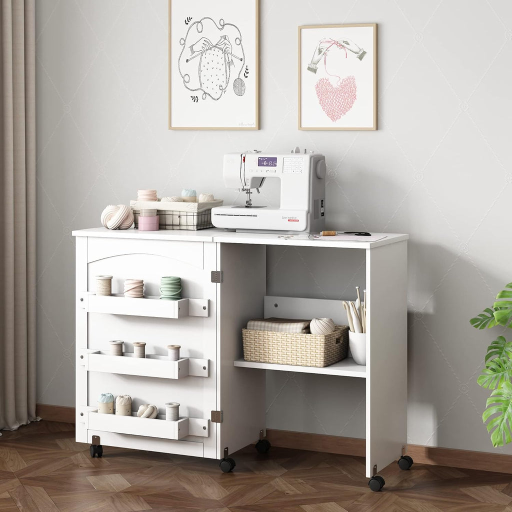 White Foldable Sewing Table with Storage T5977